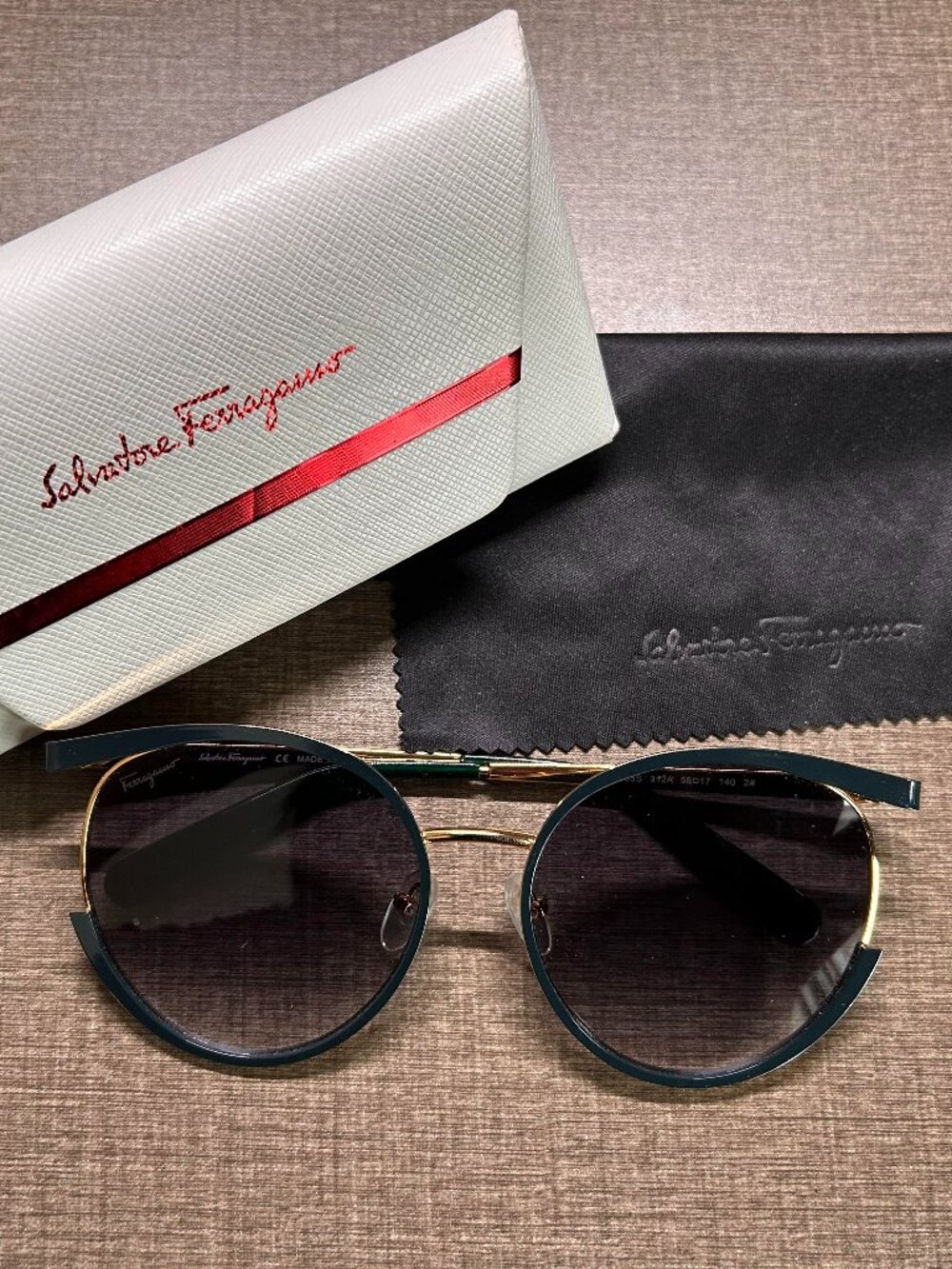 Salvatore Ferragamo Round Sunglasses in Dark Green and Gold with Gradient Lenses